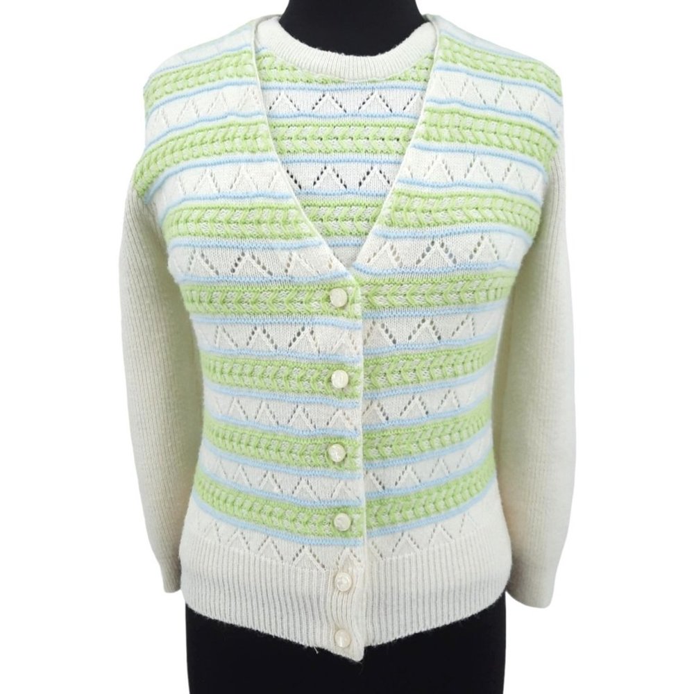 VTG 60s Wintuk Green Blue Stripe Sleeveless Knit Top Cardigan Twin Set Size S - Picture 9 of 9